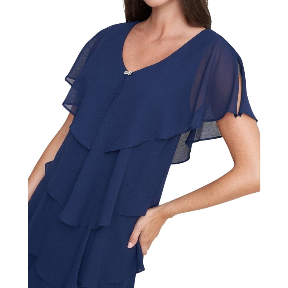 SLNY Navy Blue Ruffle Dress w/ Cap Sleeves & Silver Gemstone Details, Size 8